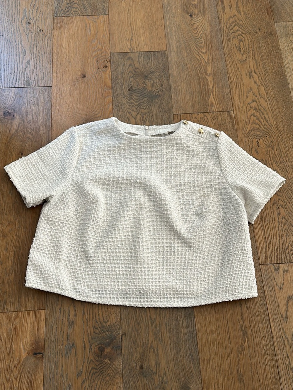 H&M Cream Textured Short Sleeve Bouclé Top with Shoulder Buttons